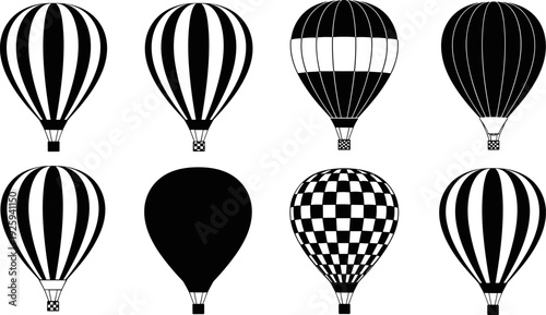 Hot air balloon silhouette icon set, black striped flight balloons collection, aerial travel and festival symbols, clean flat vector illustration isolated on white background