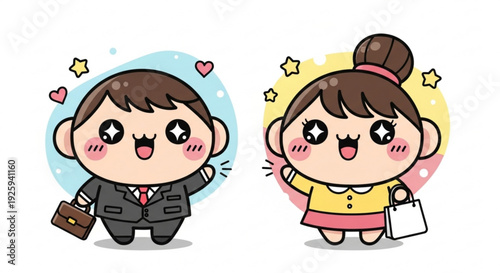 Happy business couple in kawaii style with briefcase and shopping bag
