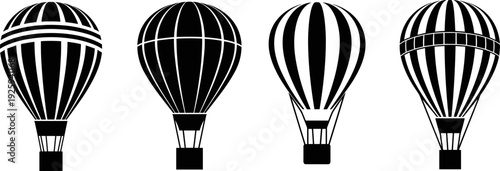 Hot air balloon silhouette set, vintage aerostat travel symbols, black isolated vector illustration collection, adventure tourism and aviation design elements for creative projects