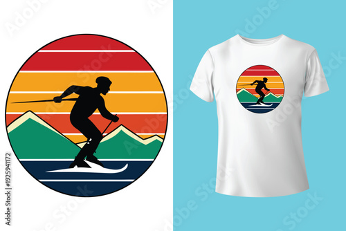 Winter adventures. Vector ski club retro badge. Concept for shirt, print, seal or stamp with skis, ski poles, helmet. Family vacation, activity or travel. For logo design, patches