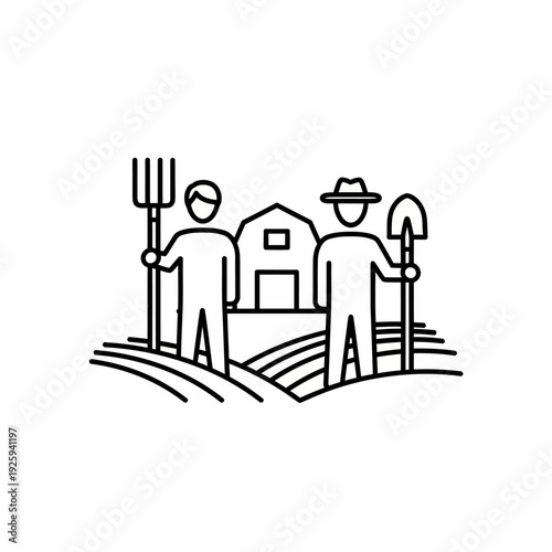 Two farmer holding tools, near a barn and cultivating a field