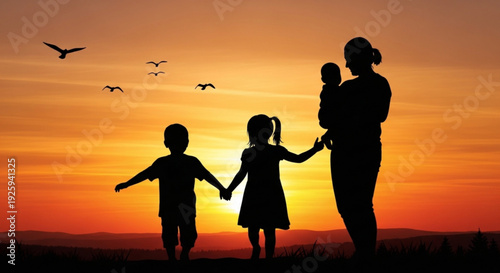 Silhouette of mother and children at sunset with birds flying overhead in warm orange sky