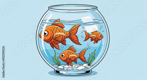 Three orange goldfish swimming in a clear glass bowl with white pebbles and green plants on a light blue background