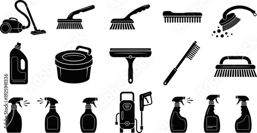 Household cleaning tools icon set, black silhouette vacuum brushes sprays and mops collection, minimal flat vector illustration isolated on white background