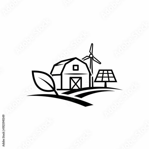Eco-friendly farming concept design featuring barn, wind turbine, solar panel and a leaf.