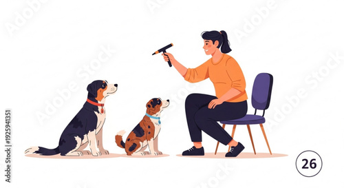 Woman grooming two happy dogs with brush sitting on chair pet care and friendship concept