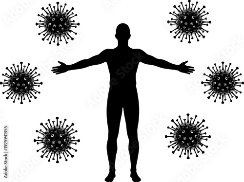 Human body silhouette surrounded by virus cells, immune system protection concept, health defense and disease prevention vector illustration for medical 