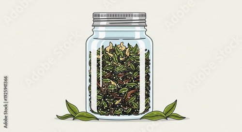 Herbal tea leaves in a glass jar with scattered green leaves on a neutral background perfect for wellness and natural remedy concepts