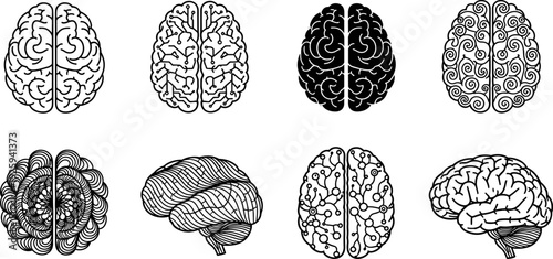 Human Brain Icon Set Vector Illustration Graphics, Medical Organ, Thinking, Mind, Technology, and Circuit Board Concepts, Creative Idea and Artificial Intelligence Symbol Collection.