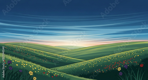 Serene landscape with green rolling hills colorful wildflowers and a vibrant sunset sky with soft clouds at dusk natural scenery