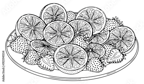 Hand drawn line art fruit set featuring sliced citrus and strawberries for healthy food illustrations
