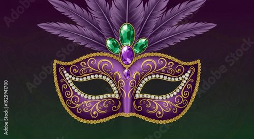 Purple mardi gras mask with feathers and gems on gradient background for carnival party
