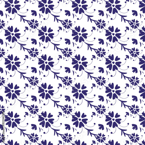 Seamless winter pattern featuring blue floral ornaments and white snowflakes on a cold ice texture for Christmas holiday wallpaper decoration