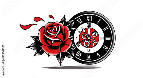Tattoo Style Red Rose and Clock.