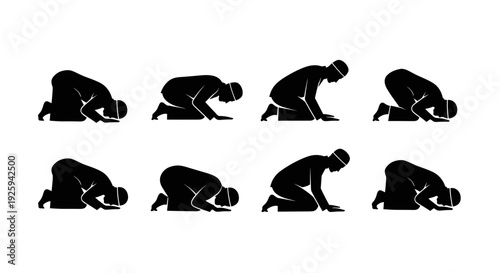 Collection of islamic prayer poses shown as black silhouettes on a white background demonstrating the sequence