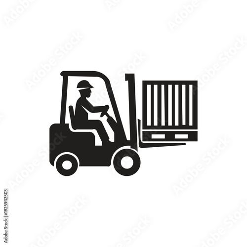 icon image of a person loading goods with a forklift silhouette illustration description for the icon of a person (operator) loading goods with a forklift, often used in the context of logistics, ware