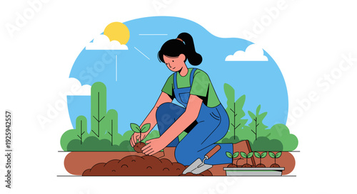 Woman Planting Trees in Garden.