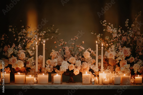 Wedding flower candlelight romantic floral centerpiece soft warm glow elegant table decoration luxury event decor pastel rose arrangement evening reception intimate celebration romantic wedding