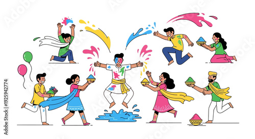 Colorful illustration of people celebrating Holi Festival with vibrant powders and waters in joyful splashes