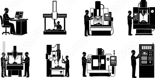 Industrial CNC machine operation silhouettes set, factory workers operating milling equipment, black vector illustration for manufacturing, automation, engineering, production concepts