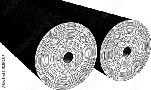 Industrial and textile two large rolls vector illustration; paper, plastic, or fabric materials rolled up, manufacturing and production line graphic, black and white perspective.