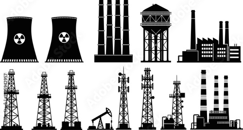 Industrial energy and factory silhouettes set, power plants oil rigs towers and refineries, black vector illustration for industry, energy production, infrastructure concepts