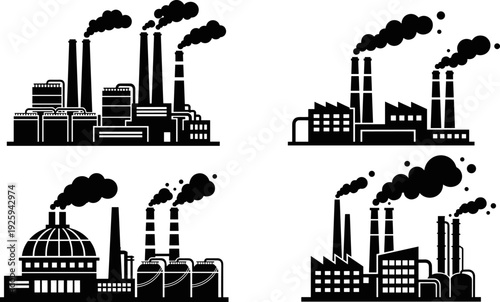 Industrial factory pollution silhouettes set, power plants with smoking chimneys, black vector illustration for industry, environment impact, air pollution, energy production concepts