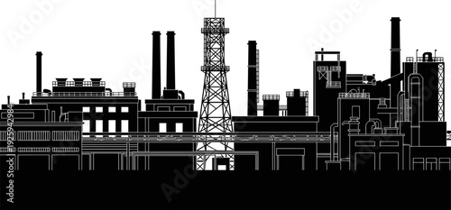 Industrial factory silhouette, manufacturing plant, smokestacks, cooling towers, refinery piping, energy infrastructure, black and white vector, environmental impact, industry concept, isolated design