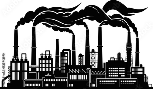 Industrial factory skyline silhouette with smokestacks emitting pollution, black vector illustration representing manufacturing, air pollution, climate change, urban industry on white background