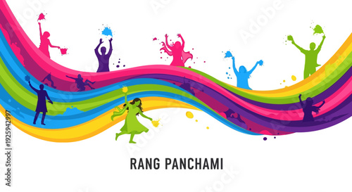 Vibrant illustration of people celebrating Rang Panchami with colorful powder and paint splatters in a joyful festival scene