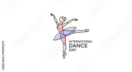 Ballet dancer in pink tutu celebrating international dance day with dynamic pose and colorful lines on white background