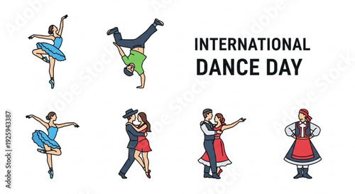 International dance day celebration with various dancers in motion on white background