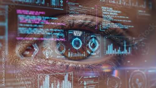 Close up eye with futuristic holographic interface overlay