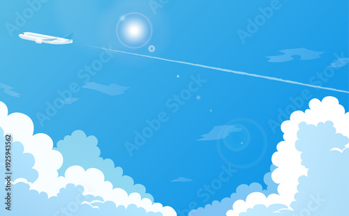 飛行機と青空と雲のイラスト_横