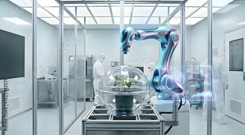 Futuristic Sci-Fi Robot Arm Tending to Green Plant in Glass Sphere with Holographic Data Interface in High-Tech Laboratory, Concept of Agricultural Biotechnology and AI Automation