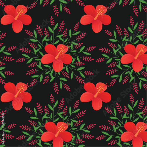 Pink hibiscus and butterflies accent a seamless floral pattern design with spring leaves and summer flowers for a nature-inspired vector illustration wallpaper decoration