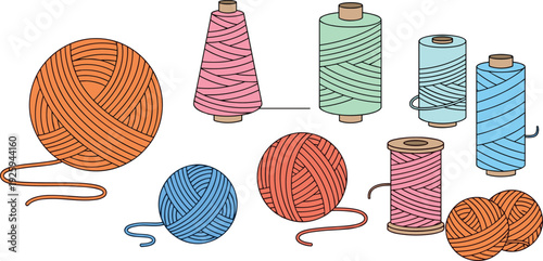 Hand Drawn Sewing and Knitting Vector Set Featuring Colorful Yarn Balls and Thread Spools for Handmade Craft Branding, Tailoring Services, and DIY Workshop Graphics