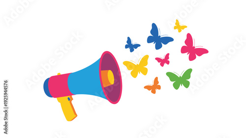 A colorful megaphone emitting vibrant butterflies in various directions, symbolizing announcement and freedom, in a minimalist illustration style