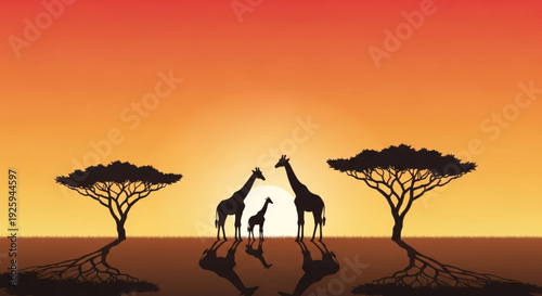 Silhouette of giraffe family with trees at sunset savannah landscape with orange sky