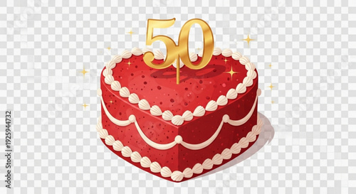Red heart shaped birthday cake with white frosting and golden 50 candle on top for celebration