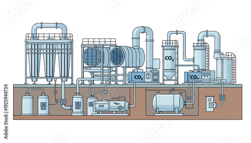 Industrial facility with pipes and machinery equipment diagram.