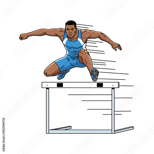 Male athlete jumping over a hurdle in a track and field event.