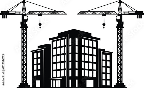 Modern Office Building Under Construction with Two Tower Cranes, Urban Development Vector Silhouette for Real Estate and Civil Engineering Projects