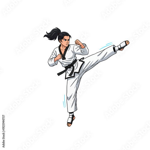 Illustration of a female martial artist performing a kick in a white gi.