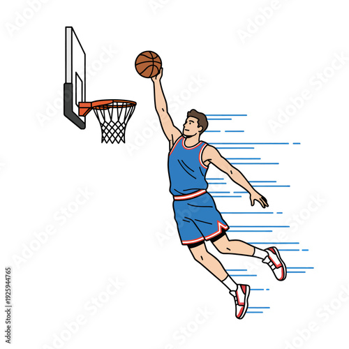Man dunking basketball with dynamic motion.