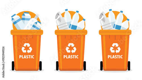 Illustration of three orange recycling bins filled with plastic bottles promoting waste management
