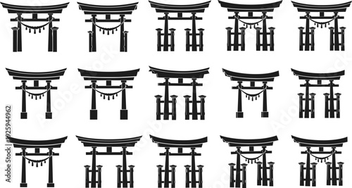 Japanese torii gate silhouettes vector illustration set, traditional Shinto shrine entrances collection, black cultural architecture icons for travel, religion, heritage design