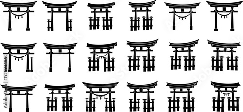 Japanese torii gate silhouette vector illustration set, Shinto shrine entrance symbols collection, traditional sacred architecture icons, minimalist monochrome design isolated on white background