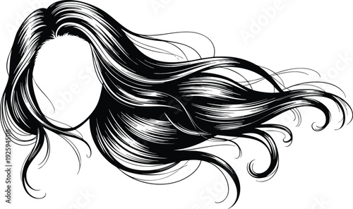 Artistic Hair Care and Beauty Symbol, Faceless Silhouette with Glossy Dark Hair, Stylized Flowing Tresses Vector Graphic, vector, illustration, silhouette.