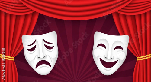 World Theatre Day Theatrical masks of comedy and tragedy beautifully presented against a classic red stage curtain, capturing the essence of dramatic performance and the spectrum of human emotion
